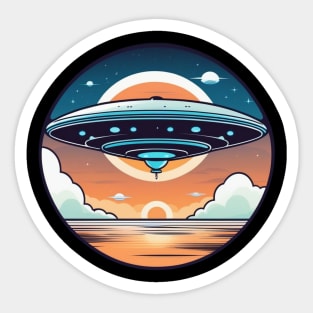 UFO flying saucer vintage over sea sunset Sticker